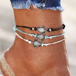 Vintage Silver Ocean Turtle Anklet Bracelet Hand Chain for Women Wish Braided Rope Foot Chain Casual Summer Beach Jewelry