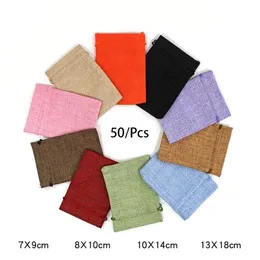 50PcsLot Drawstring Natural Burlap Jute Gift s Multi Size Jewelry Packaging Wedding s with Candy Bag Can Custom 220706