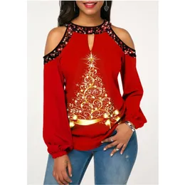 Julklapp kvinnor sexiga långa ärmar av axel ihålig ut tee toppar mode julgran print eleganta blouses 220407