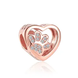 Novo popular 925 prata esterlina de alta qualidade charme rosa ouro cão pata diy contas para europeu pandora charme pulseira jóias moda acessórios