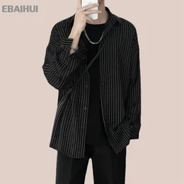 EBAIHUI Men's Blouse Shirts Black Striped Long Sleeve Lapel Shirt Japanese Pocket Casual Top Jacket Handsome Loose and Falling