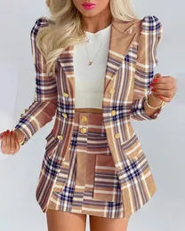 Two Piece Dress SeigurHry Womens Casual Plaid Open Front Blazer 2 Outfits Suits Long Sleeve Jacket Bodycon Mini Skirt Set Tailleur FemmeTwo