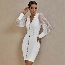 Ocstrade Bandage Dress Long Sleeve Party Dress 2021 New Arrival Fall Winter Mesh Sexy White Outfits for Women Bodycon Dress Club 210322