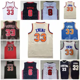 Retro Team 8 Scottie 33 Pippen Trikot 6 Patrick 33 Ewing Georgetown Hoyas Schwarz Blau Rot Weiß Vintage Basketball Trikots 1992 Throwback genäht