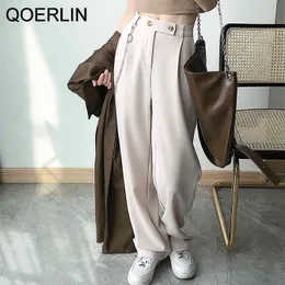 Qoerlin yüksek kaliteli örtüler pantolon ofis bayanlar uzun geniş bacak düz pantolon artı boyutu şık yüksek bel pantolon 210412