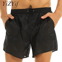 Transparent Swimwear Mens Swim Shorts Sexy Solid Drawstring Quick Dry Beach Man Swimming Trunks with Bulit in Mesh Briefs 220620