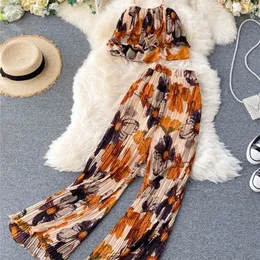 Womens Summer Sets Vacation Style Printed Short Camisole Pleated Highwaist Wideleg Pants Twopiece Casual Sets LL956 220602