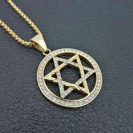 Hänge halsband kristall judisk stjärna av david rostfritt stål hexagram hängen guld färg hip hop rapper bling is ut juvelrypendant