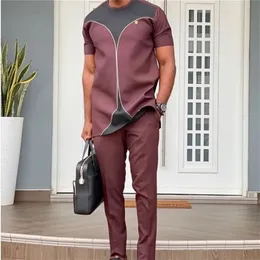 Африканская одежда для мужчин Рубашки и брюки 2 шт. Пэчворк с короткими рукавами и круглым вырезом Мужская мода Повседневный деловой костюм M 4XL 220621
