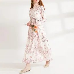 Ethnic Clothing Muslim Fashion Maxi Dresses Spring 2022 O-Collar Long Sleeve Slim Waist Swing Patchwork Dress Pink Rose Print Women Clothing