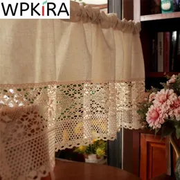 American Country Linen Beige Crochet Half Curtain for Kitchen Cabinet Coffee Drapes Small Window Rod Pocket Short Curtain AD656H 220511