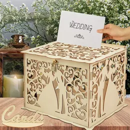 Drewniane pudełka na karty z blokadą mrmrs para wzór kwiatów Karty podpisowe Drewniane pudełko DIY Rustykalne materiały ślubne 220812