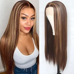 Silky Straight Highlights Lace Front Wig Human Hair for Women Pre Plucked Ombre Colored T Part Lace Wigs Black Mixed Brown Highlight with Roots 150% Density