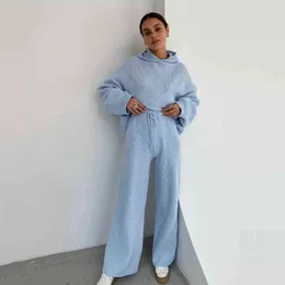 MUICHES Casual Hooded Pullover Baw Sleeve Drawstring Wide Leg Sets Woman Room Softer Loose Solid Suit 2021 New Fashion T220729