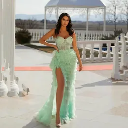 Mint Green Fancy Celebrity Evening Dresses Tiered Tulle Pleats Prom Dresses Sweetheart Side High Split Party Women Formal Pageant Gowns