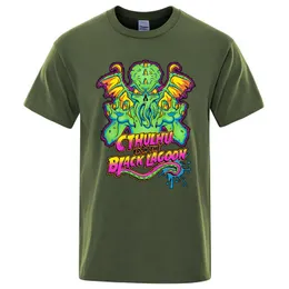 Erkek tişörtler siyah lagün baskılı üstler cthulhu erkekler yaz büyük boy pamuk gevşek tişört moda karikatürler erkekler kısa sleevemen's