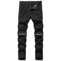 Męskie Ripped Stretch Black Dżinsy Moda Szczupła Kolano Zipper Frayed Otwór Otwór Spodnie Biker Dorywczo Spodnie Hip Hop Streetwear