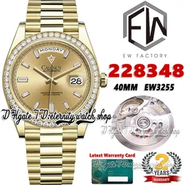 EWF V3 EW228348 EW3255 Automatyczne męże zegarek 40 mm żółte złoto Diamentowa ramka szampana bagietka