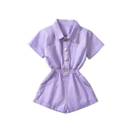 Summer Kids Girls Jumpsuits Short Sleeve Turn-down Collar Short Overalls Purple Jumpsuits