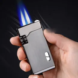 Wheel Flint Blue Double Fire Torch Lighter Jet Windproof Metal Gas Butane Cigar Lighter Inflated Personality Men Smoking Gift 2022