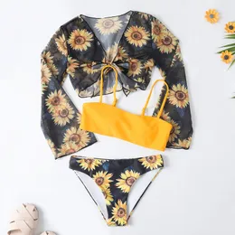 Sun Flower Print 3-teiliger Mädchen-Badeanzug für Kinder mit Vertuschung, 7–14 Jahre, Bandeau-Bikini-Set, Kinder-Bademode, Teenager-Badeanzüge