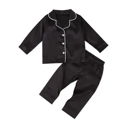 Pijama de seda de cetim preto de menino preto define calças de manga longa de manga longa 1-7y crianças crianças crianças de verão outono casual camiseta 220706