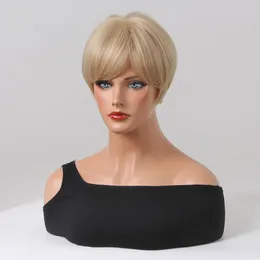 Short Blonde Bob Synthetic Wig Natural Straight Wig with Bangs Fluffy Pixie Cut Fake Hair for Women Daily Life Heat Resistantfactory direct