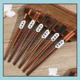Chopsticks Flatware Kitchen Dining Bar Home Garden Anti-Slip Wooden Japanese-Style Natural Handmade String Round Chine Dhg4Q