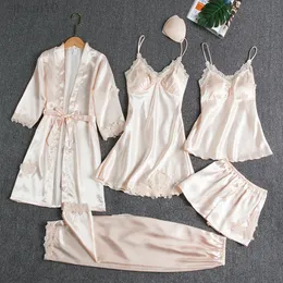 Kvinnlig 5-delad pyjamas Set Nightwear Satin Pyjamas Lace Patchwork Bridal Wedding Present Silkeslen Homewear Nightgown Robe Suit L220803