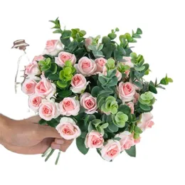 ONE Fake Flower Mini Rose (5 Stems/Bunch) 11" Length Simulation Rosa Eucalyptus Leaf for Wedding Centerpieces