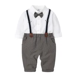 Maluch chłopców dżentelmen strój garnitury Kids Koszulka z długim rękawem Bowtie Suspendend Pants Button Dzieci Formalne garnitury urodzinowe ślubne