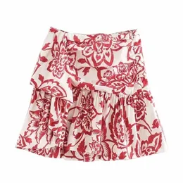 Kvinnor Sweet Tropical Flower Print Pleated Mini Kjol Faldas Mujer Ladies Casual Slim Side Zipper Ruffles kjolar Qun561 220523