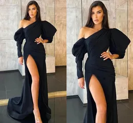 Sexy Black Mermaid Evening Dresses One Shoulder Long Sleeves High Side Slit Formal Party Gowns Arabic Aso Ebi Sweep Train Women Special Occasion Prom Dress