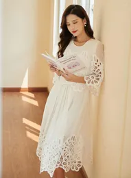 Casual Dresses Top Quality 2022 Spring Summer Dress Women Hollow Out Embroidery Half Sleeve Mid-Calf Length Silk Cotton WhiteCasual