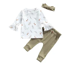 Citgeett Autunno Neonato Set di abbigliamento per bambina Fiori stampati a maniche lunghe Top T-shirt Pantaloni Arco Fascia per capelli Primavera Abbigliamento Outfit J220711