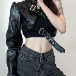 Weekeep Gothic Schwarz PU Leder Jacke Frauen Eine Schulter Halter Schnalle Hip Hop Outfits Mode Streetwear Kurze Jacken Solide 220803