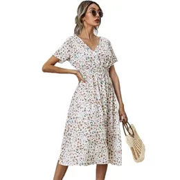 White Floral Printing Summer Chiffon Beach Dress Casual V-neck Short Sleeve A-line Women Midi Dresses Vestidos 220516