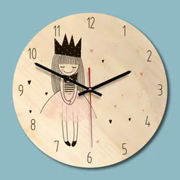 Relógio de parede de figura impressa em madeira Relógio adorável garota recaro de pared sala infantil ambiental silent horloge y200109