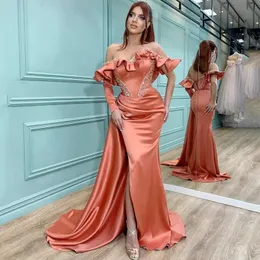 Mermaid Evening Dresses High Waist Sweetheart Strapless Open Back Floor Length Train One Long Sleeve Off Shoulder Beaded Appliques Prom Dress Vestidos Festa