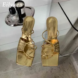 Eilyken or bande étroite femmes pantoufle femme carré pincement orteil talon bas diapositives sandale tongs Mujer chaussures