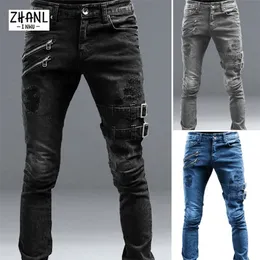 Schwarze dünne gerade Bein-Jeans-Mann-Hosen Cacual zerrissene Jeans-männliche Streetwear-Jugend-Mann-Kleidung Moto Harajuku-lange Denim-Hose 220726