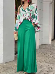 Elegant Office Lady Two Piece Outfits kläder Kvinnor Spring Polo Collar Tryckt blus och breda benbyxor passar kvinnliga löst uppsättningar T220729