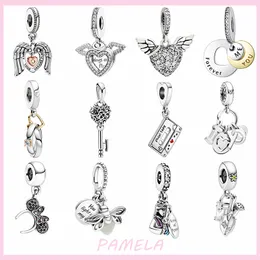 925 Gümüş Angel Kalp Şekli Takılar Çat Tie Anahtar Boncuklar Fit Pandora Bilezik Mücevherleri İçin DIY için