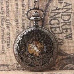 Hot Sell Retro Classic Black Steampunk Hollowed Gears Mechanical Pocket Watch Roman Dial Flip Pocket Watch T200502