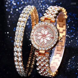 腕時計2022豪華な女性ローズゴールドウォッチファッションレディースクォーツダイヤモンド腕時計女性ブレスレットウォッチ2pcsセットHECT22