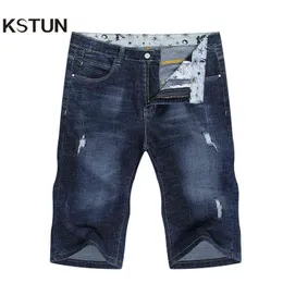Krótkie męskie dżinsy marki Ripped Biker Jeans męskie spodenki spodnie jeansowe elastyczne ciemnoniebieskie Streewear postrzępione Slim Fit Pantalon Homme Jean G0104