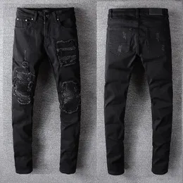 Man Black Jeans Designer RIP Nurcy jesienne długi rozciąganie Slim Fit Biker Dernim Jezanna noga Klasyczna hip hop jogger solidne zmiękczaczy modne spodnie spodnie