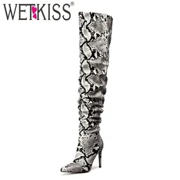 WETKISS Snakeskin Pu Boots Women Over The Knee Slouch Boot Female Sexy High Heels Shoes Ladies Party Pointed Toe Winter Boots 201109