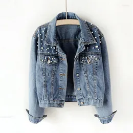 Women's Jackets Jean Jacket Women Clothes Autumn Fashion Denim Full Sleeve Loose Button Pearls Short Lapel Wild Leisure