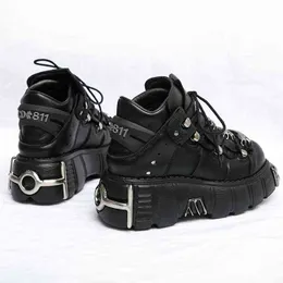 Boots Punk Dark Gothic Metal Platform Sports Shoes Real Leather High-top Raise Women Sneakers Retro Niche Locomotive 6cm 220811